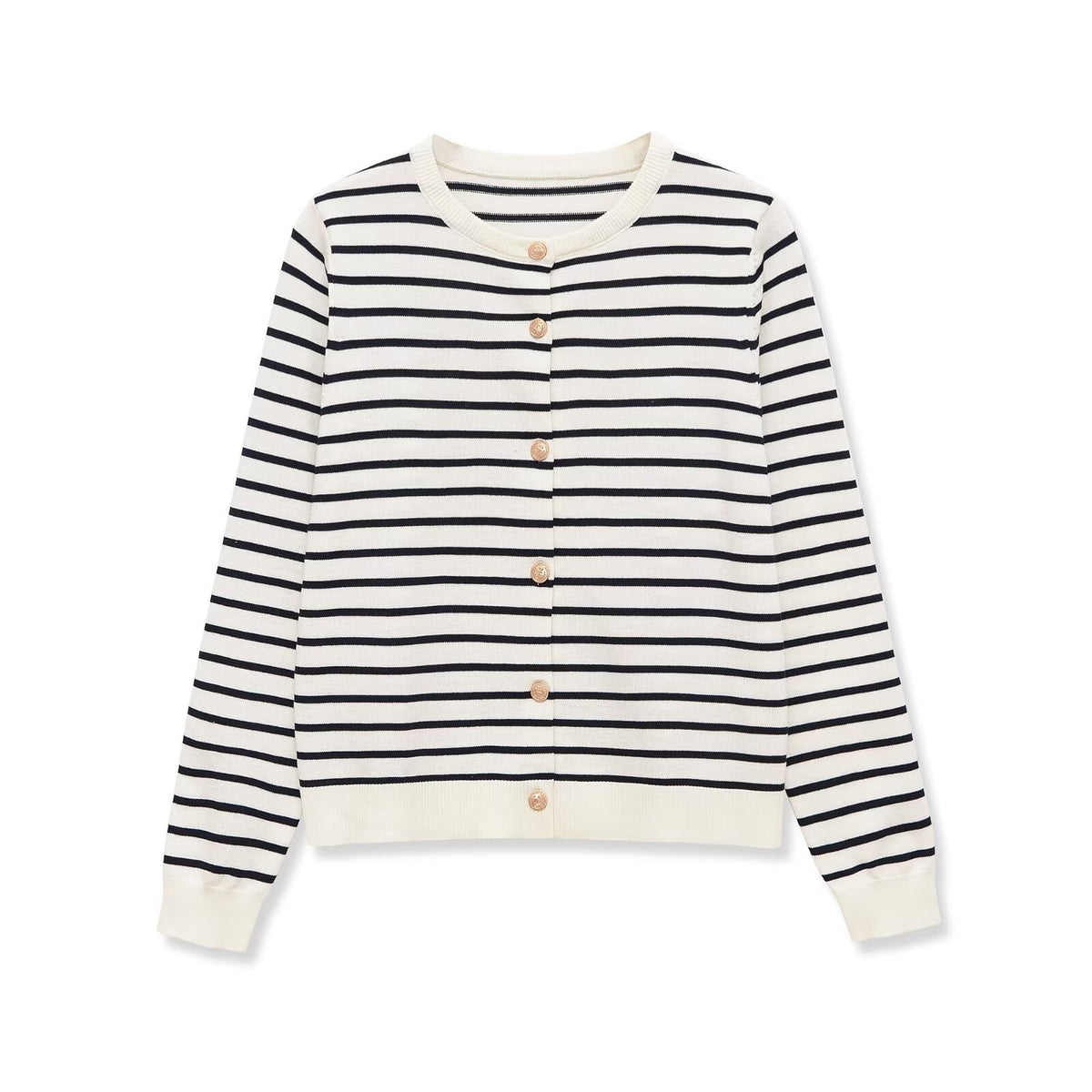 Casual and minimalist striped breasted round neck knitted sweater for women