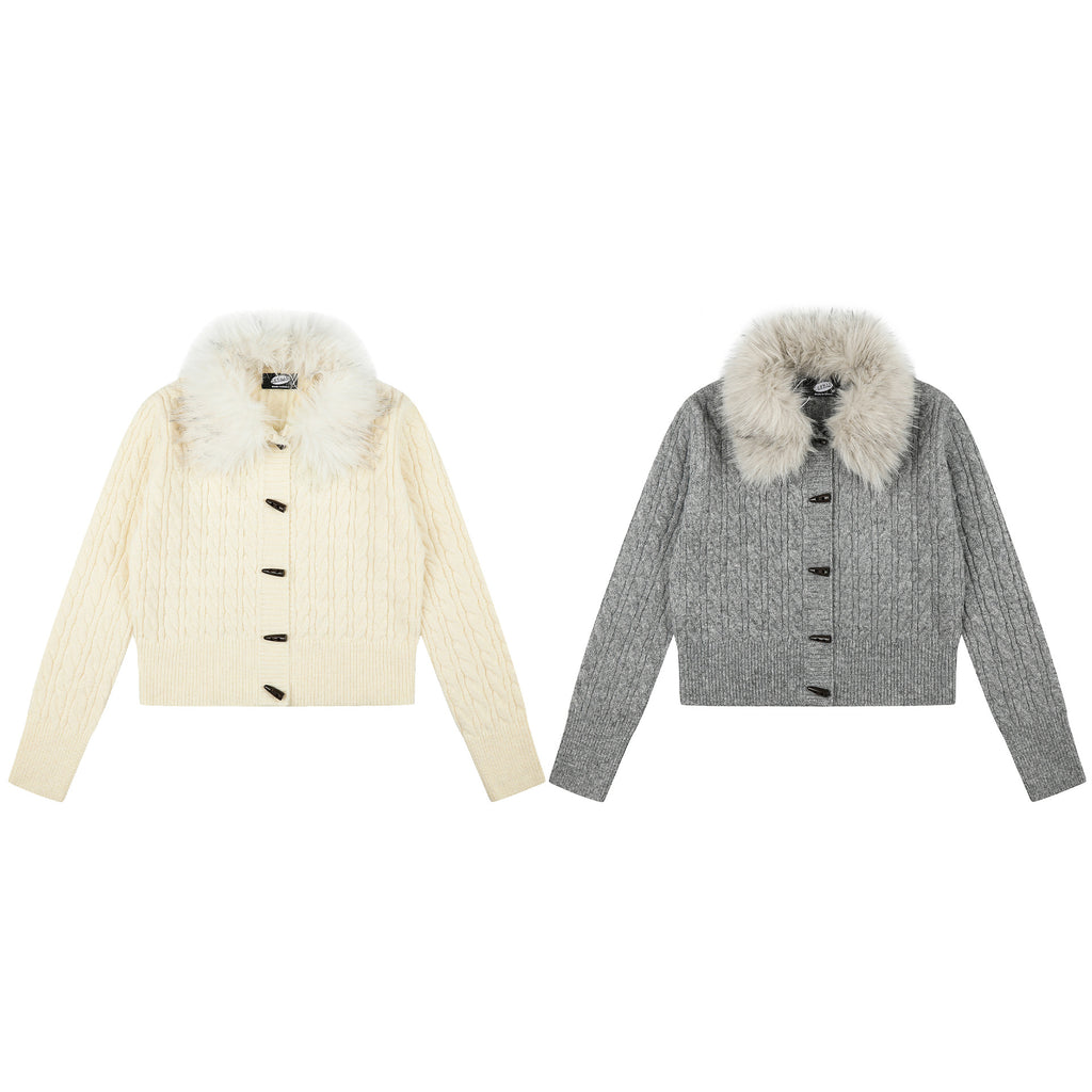 Cable Knit Long Sleeve Lapel Collar Toggle Button
