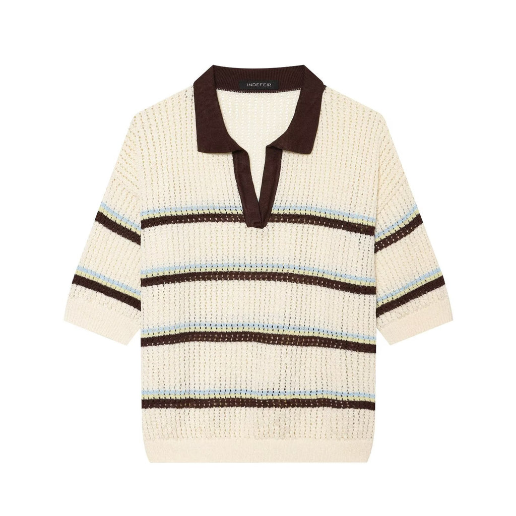 Short sleeved contrasting lapel striped knit sweater for women