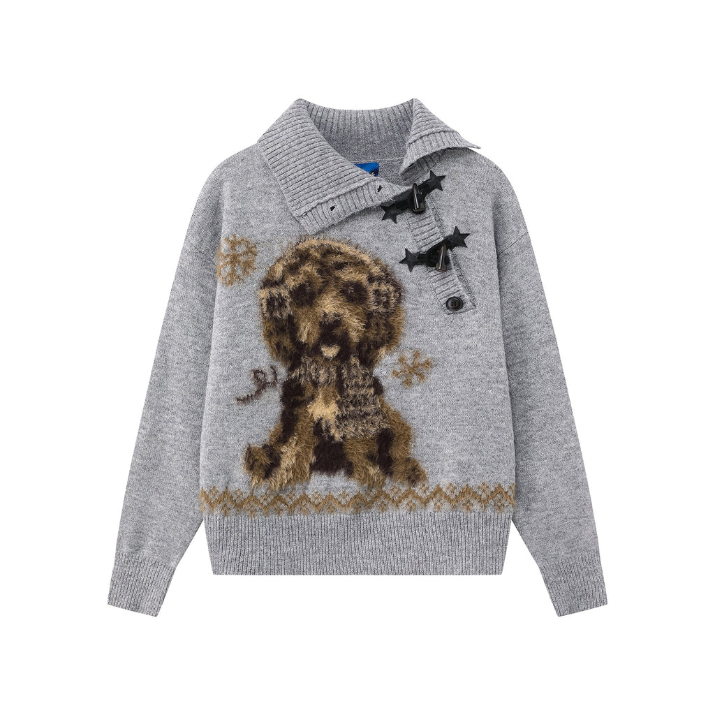 Cute Dog Flocked Jacquard Star Toggle Turn-down Collar Loose Knit Sweater